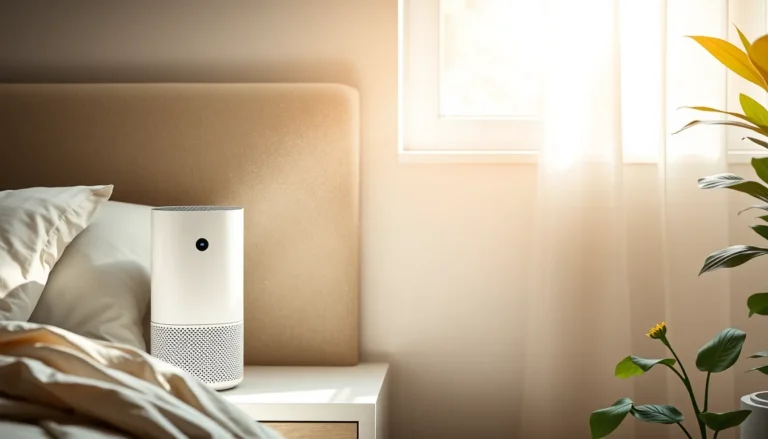 Modern bedroom featuring a white air purifier on a nightstand, with light and dust motes.