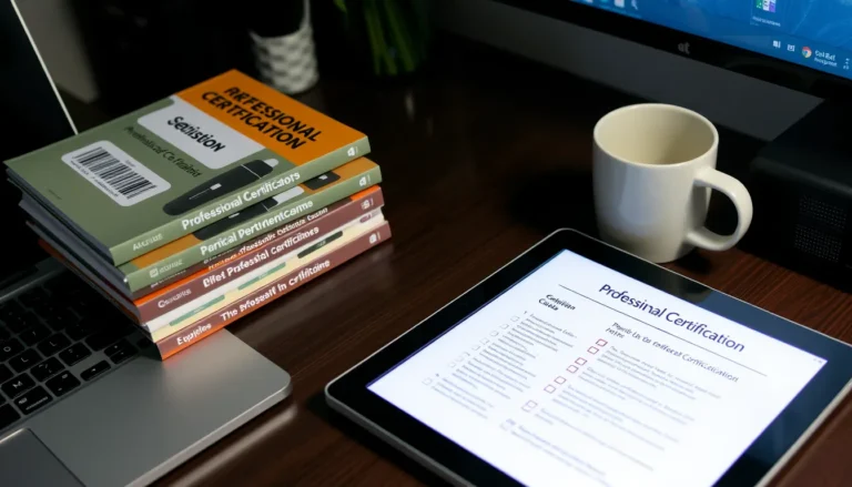 Desk with laptop, certification books, checklist, and coffee mug, symbolizing career planning.
