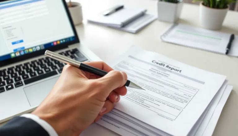 Hand holding pen over credit reports and documents on a desk with laptop