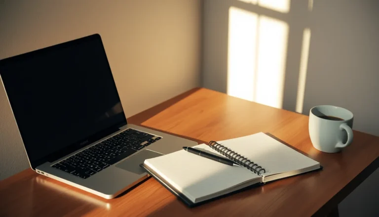 A laptop, notebook, pen, and coffee cup arranged on a wooden desk in a bright, modern workspace.